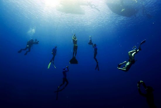 Athlete, safeties, photographers and spectators during a dive in Freedive Panglao Depth Challenge 2016. Photo by Potti Lau.